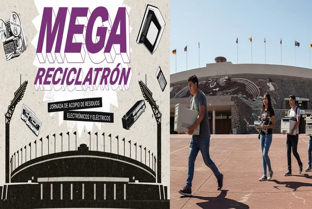 joven entrando al Estadio Olímpico Universitario de la UNAM llevando basura electrónica obsoleta