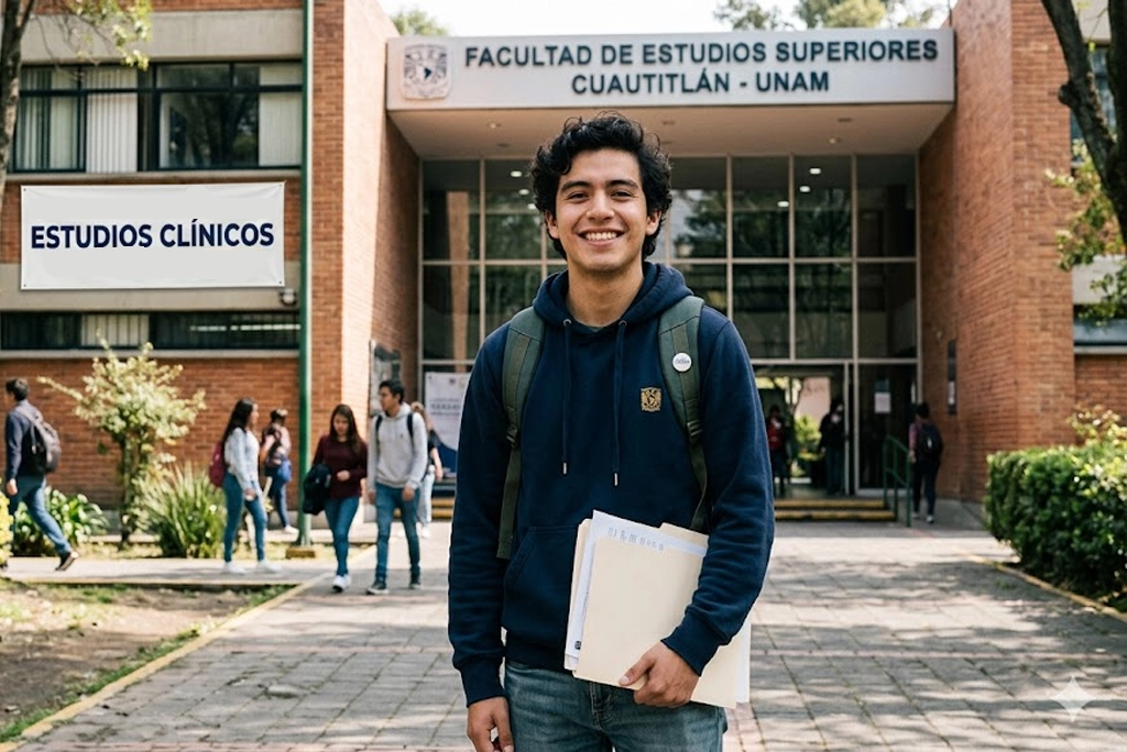 Joven universitario con mochila y folder en mano sonriendo frente al laboratorio de la FES Cuautitlán, sobre un fondo con un cartel que dice "estudios clínicos