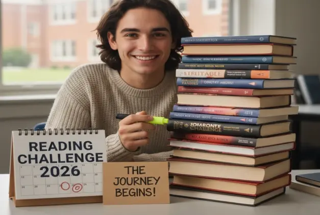 oven universitario sonriente con una pila de libros diversos, representando el comienzo del reto de lectura 2026.