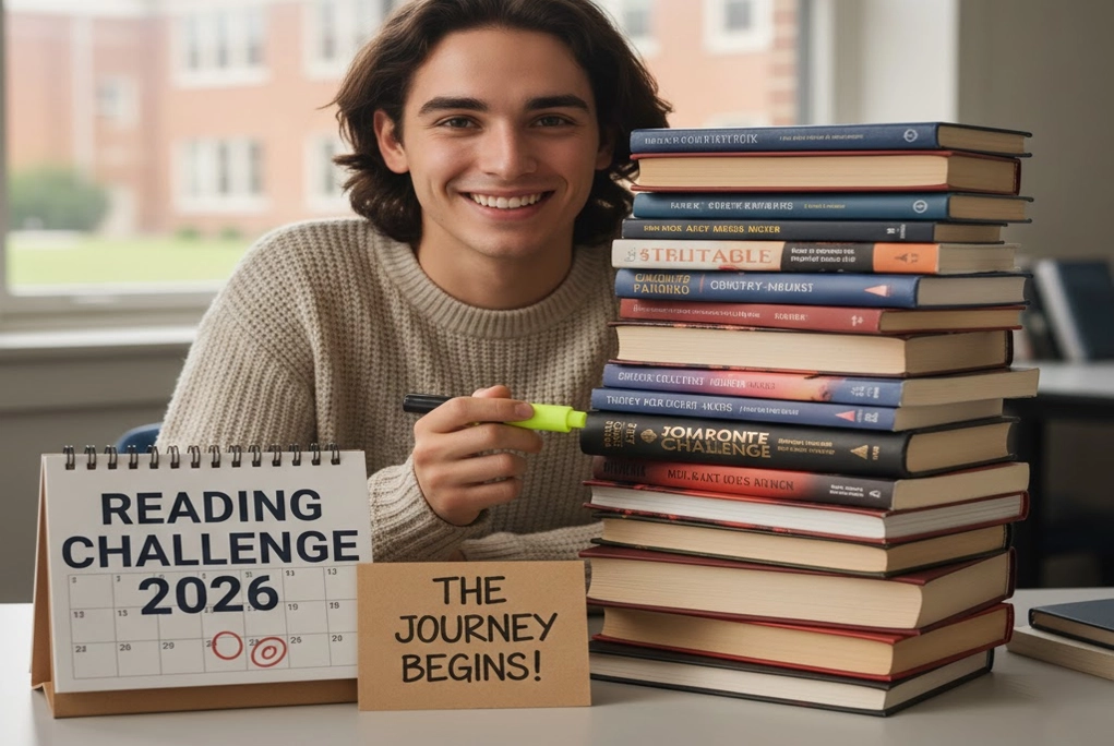 oven universitario sonriente con una pila de libros diversos, representando el comienzo del reto de lectura 2026.