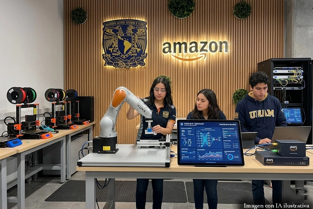 Jóvenes mexicanos interactuando con brazos robóticos y pantallas de inteligencia artificial dentro del laboratorio Amazon Think Big Space en México en Querétaro, con equipo de cómputo en la nube e impresoras 3D de fondo.