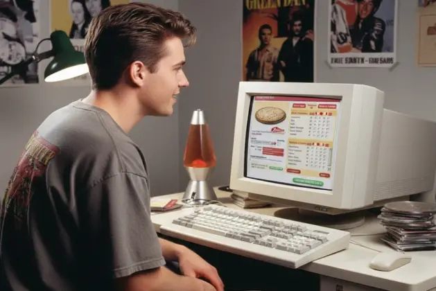Joven en una computadora de los años 90 mostrando el sitio web PizzaNet, donde se realizó el primer producto vendido por internet, una pizza de Pizza Hut en 1994.