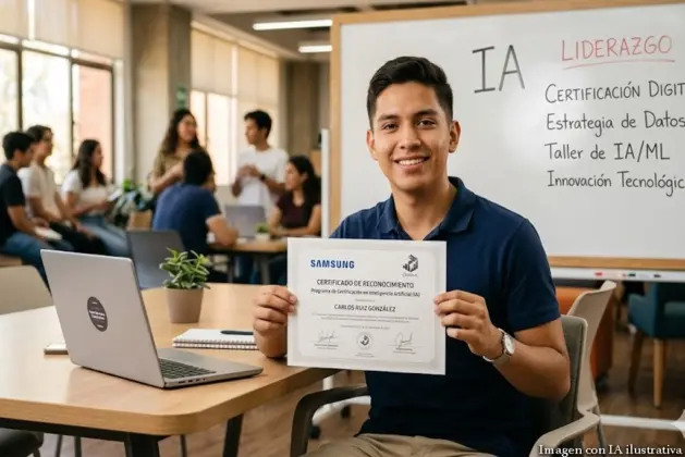 Joven universitario mexicano sosteniendo su certificado de certificación con Samsung y CENEVAL en inteligencia artificial y liderazgo, fondo con logos de Samsung y CENEVAL, ambiente moderno de oficina.