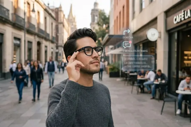 Primer plano de una persona joven usando los lentes inteligentes Samsung con montura negra estilo Gentle Monster, mientras una interfaz de realidad aumentada flota frente a sus ojos mostrando direcciones y notificaciones