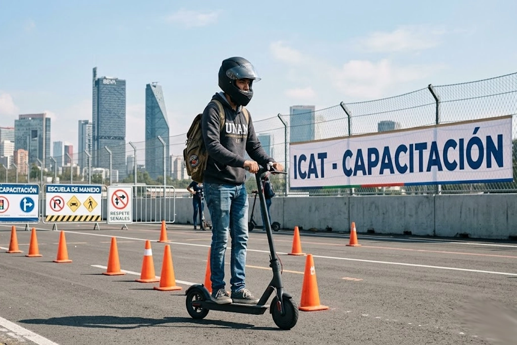Joven conductor urbano usando casco y mochila sobre un scooter eléctrico moderno, durante una capacitación scooters práctica en un circuito cerrado con conos y señalética vial de la CDMX