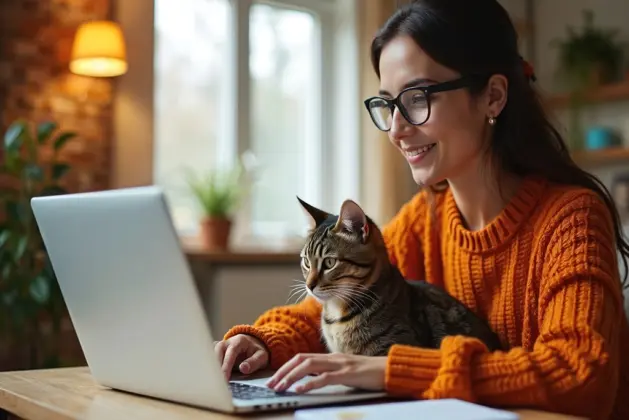 Estudiante universitario frente a su computadora con expresión alegre, junto a su gato, representando la personalidad de gato en la vida académica.
