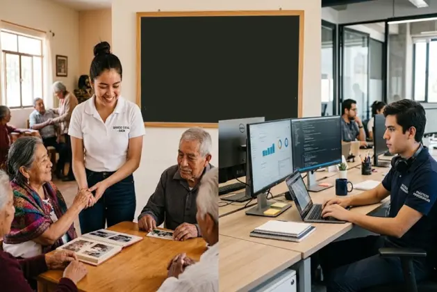 Joven universitario comparando las diferencias entre servicio social y prácticas profesionales frente a dos carteles informativos.