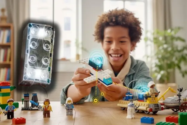 Fotografía de un nuevo LEGO Smart Brick de color azul junto a minifiguras y construcciones LEGO clásicas, mostrando el ladrillo inteligente que integra tecnología interactiva.