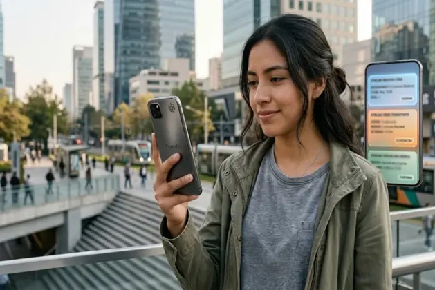 Persona joven sosteniendo un smartphone OpenAI con una interfaz de flujo continuo de tareas de IA, sin íconos de apps, en un entorno moderno y realista.