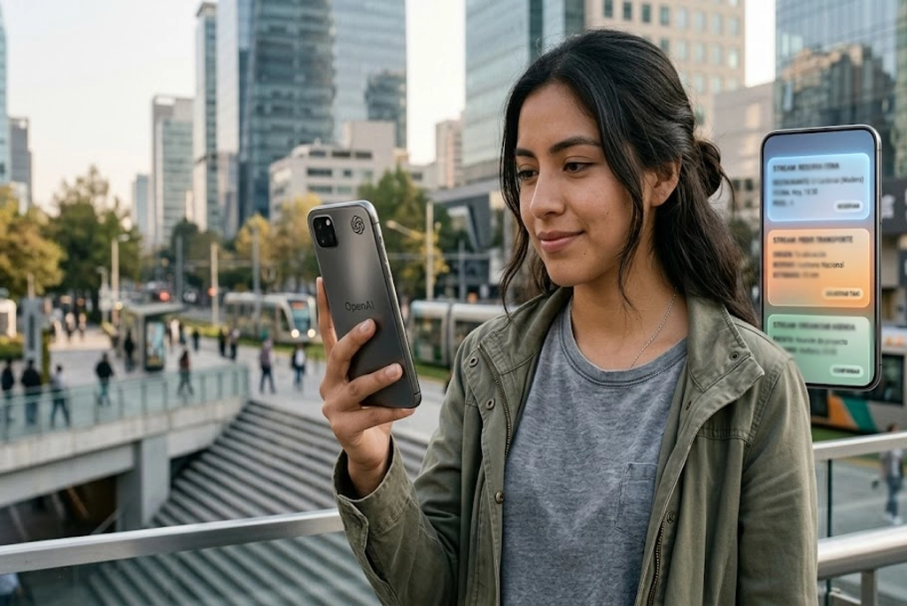 Persona joven sosteniendo un smartphone OpenAI con una interfaz de flujo continuo de tareas de IA, sin íconos de apps, en un entorno moderno y realista.