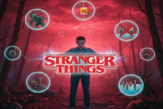 Imagen del elenco principal de Stranger Things en una escena icónica, revelando algunos de los datos curiosos de Stranger Things más sorprendentes de la serie.