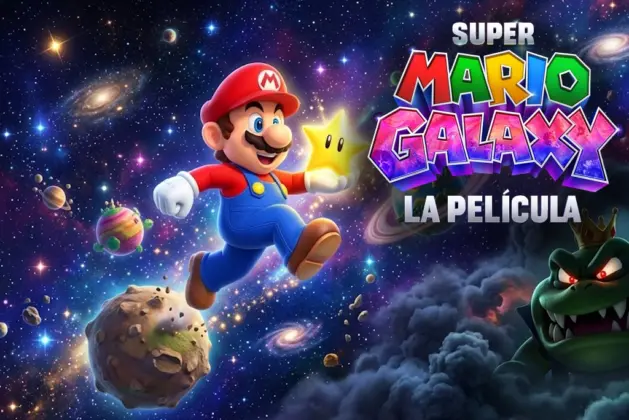 Super Mario Galaxy película donde se observa a Mario flotando en el espacio junto a una estrella luminosa, con planetas de fondo y la silueta de Wart asomando en la esquina inferior. Título de la película en tipografía característica de Nintendo.