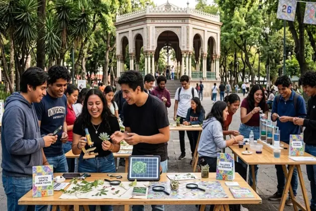 Jóvenes y familias participando en talleres y actividades gratis en el Kiosco de la Alameda Central, rodeados de árboles, con mesas de experimentos científicos y sonrisas, bajo el sol de la CDMX