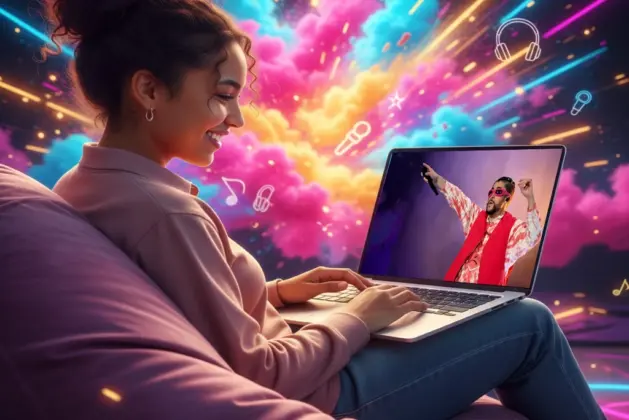 Joven realizando un test divertido en laptop sobre las canciones de Bad Bunny.