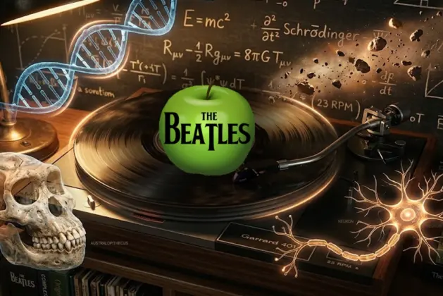 Colaje realista de una pastilla de vinilo de The Beatles girando sobre un fondo de fórmulas científicas, asteroides y una neurona, representando la unión entre ciencia y The Beatles.