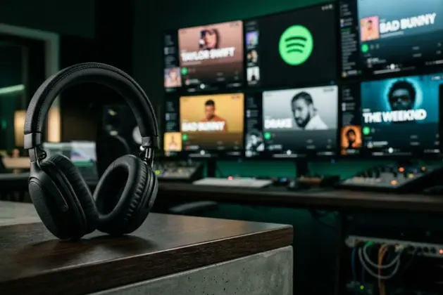 Rostros de Taylor Swift, Bad Bunny, Drake y The Weeknd sobre fondo de ondas sonoras verdes y negras, representando a los artistas más escuchados de la historia en Spotify.