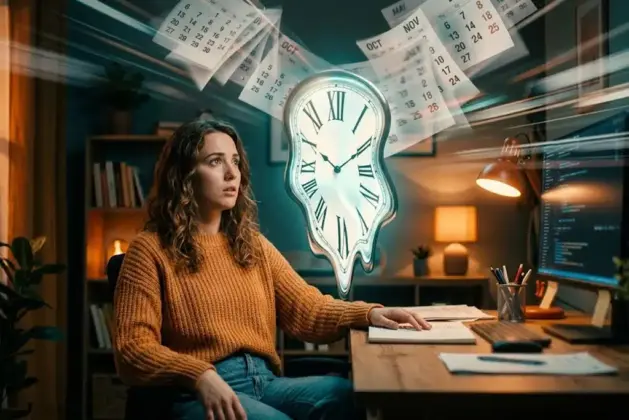 Ilustración conceptual de la percepción del tiempo con un reloj derritiéndose junto a una calavera estudiantil y líneas de velocidad al fondo.