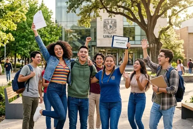 Jóvenes estudiantes sonrientes en el campus de la ENES Mérida, con mochilas y libretas en mano, celebrando la ampliación de convocatoria UNAM para nuevas licenciaturas.