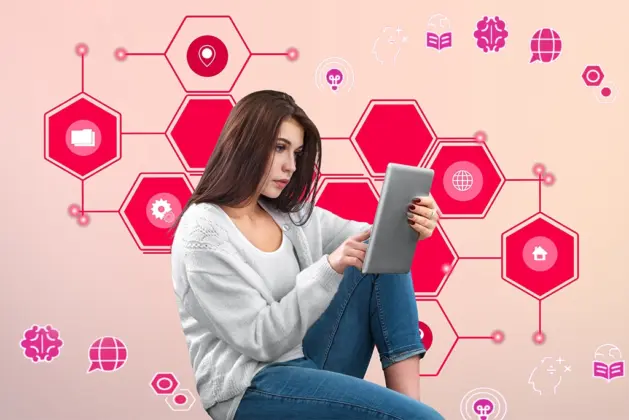 Mujer joven interactuando con una tablet, rodeada de iconos que representan ciencia y tecnología, resaltando el papel de las mujeres y ciencia.