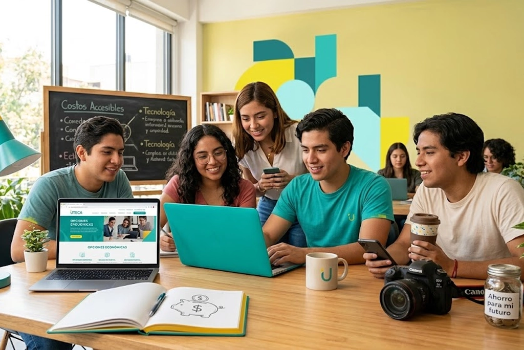Jóvenes universitarios en México usando laptop y smartphone, explorando opciones de universidad en linea económica, ambiente creativo, elementos visuales de ahorro y educación digital.