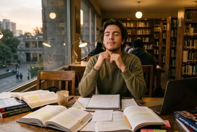 Joven universitario sentado en una biblioteca, con los libros abiertos frente a él, realizando una pausa para practicar la respiración profunda y mejorar su manejo de emociones frente al estrés académico.