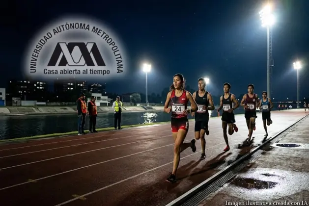 Grupo de corredores universitarios participando en el ultramaratón UAM durante la noche en la Pista Olímpica de Remo y Canotaje Virgilio Uribe en Xochimilco