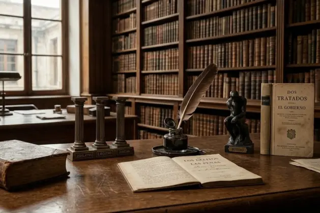 Fondo de biblioteca antigua con luz cálida, que alude a las figuras importantes del derecho