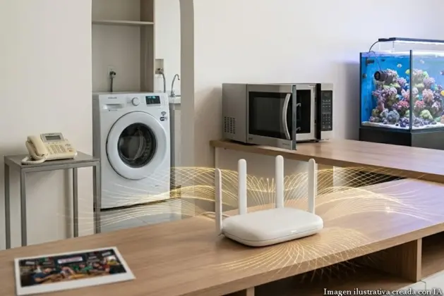 Router WiFi rodeado de objetos cotidianos como un microondas, un refrigerador, una pecera y una mesa de metal; al alejarlos se puede mejorar la señal WiFi