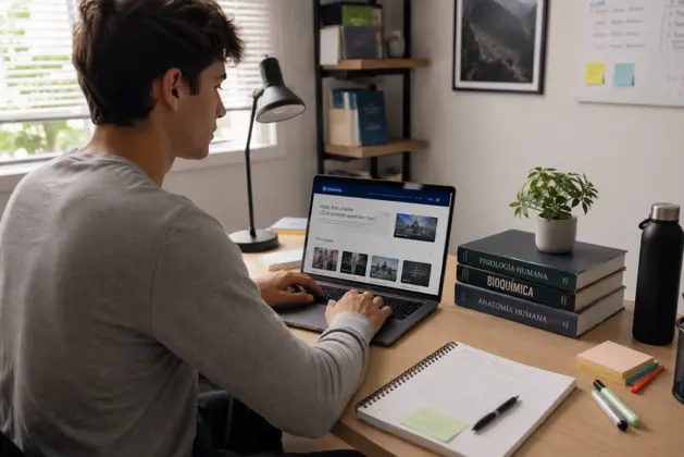 Estudiante joven mexicano utilizando laptop en un espacio de estudio moderno, con libros y apuntes digitales, representando la validez de estudiar en línea con RVOE y desmintiendo los mitos de estudiar en línea