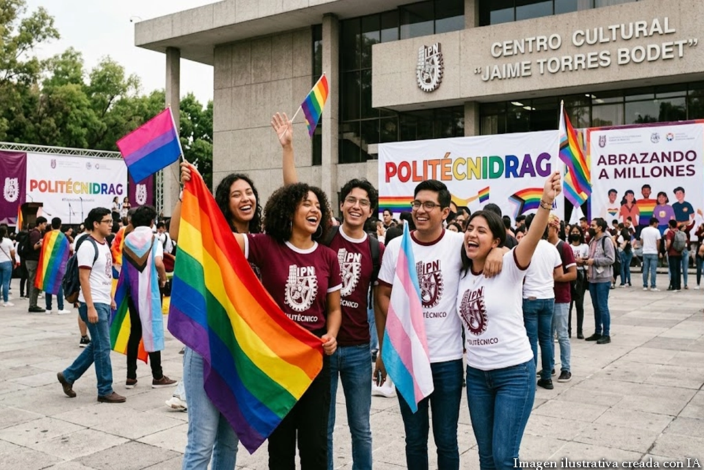 Cartel con el calendario de actividades del mes del orgullo IPN sobre el escenario del Auditorio Alejo Peralta, con banderas arcoíris y estudiantes politécnicos sonriendo.