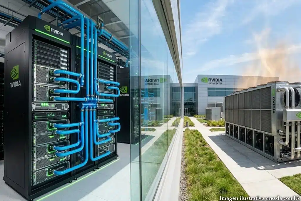 centro de datos moderno de NVIDIA con sistemas de enfriamiento líquido visibles. Se aprecian tuberías de color azul que circulan alrededor de servidores, con un radiador seco en el exterior expulsando calor.