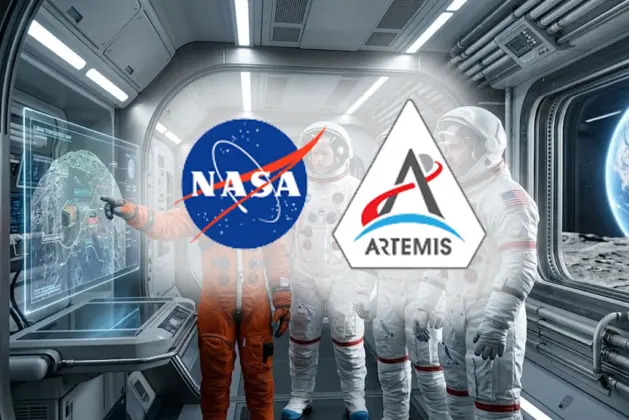 Cuatro astronautas para misión Artemis III posando dentro de la nave Orion con la Luna de fondo, preparados para la misión de acoplamiento orbital de la NASA.