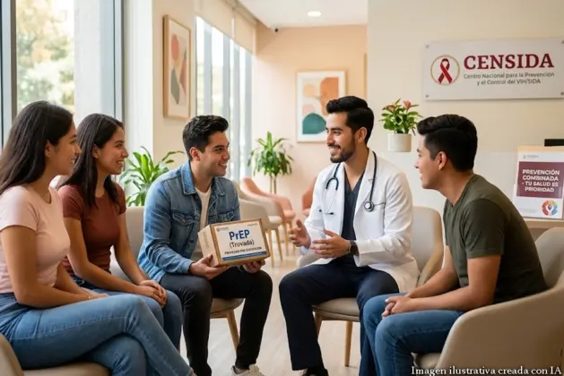 Joven sonriente de aproximadamente 25 años sosteniendo un teléfono móvil en una mano y una caja de PrEP en la otra, frente a un cartel del CENSIDA prevención del VIH.
