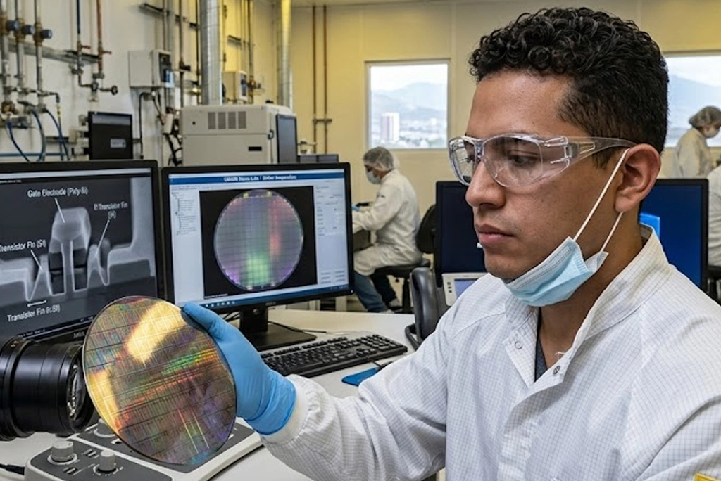 Ingeniero joven con bata blanca y gafas protectoras observa una oblea de silicio iluminada en un laboratorio de semiconductores del ITESO