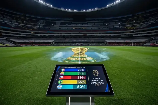 Gráfico de predicción con banderas de selecciones y porcentajes de avance en la fase de grupos del Mundial 2026, sobre un fondo de estadio iluminado.