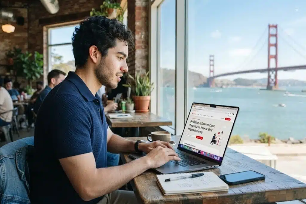 Joven mexicano estudiante utilizando una laptop con la pantalla mostrando el logo de Santander Open Academy y el título 'De México a San Francisco', con el Golden Gate Bridge de fondo y un entorno tecnológico, representando las becas Santander IA para viajar a Dreamforce