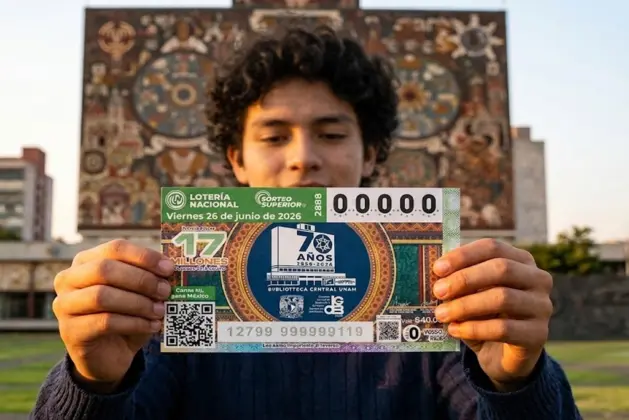 Billete de Lotería de la Biblioteca Central de la UNAM en su 70 aniversario, mostrado frente al mural de piedras de colores de Juan O’Gorman