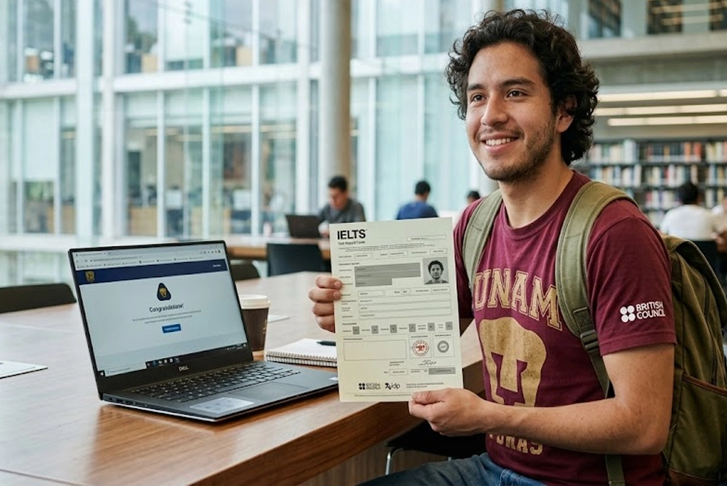 Estudiante universitario mostrando su certificación de inglés UNAM junto a un diploma IELTS y una laptop con el logotipo de ENALLT y British Council