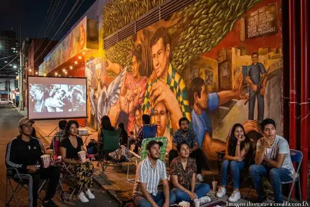 Grupo de jóvenes y adultos reunidos en una función al aire libre en el barrio de Tepito, disfrutando de cine gratis de la diversidad sexual y de género, con una pantalla grande iluminando el rostro de los asistentes mientras miran atentos una película mexicana.