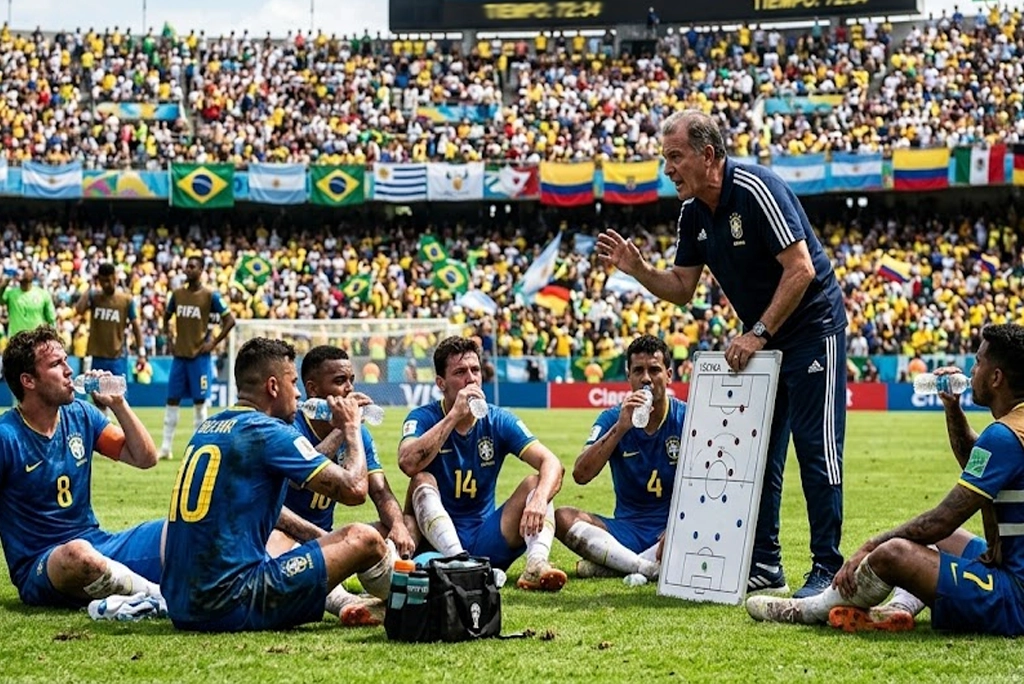 Jugadores de fútbol profesional sentados en el césped de un estadio durante unas pausas de hidratación del Mundial, escuchando atentamente las instrucciones tácticas de su entrenador