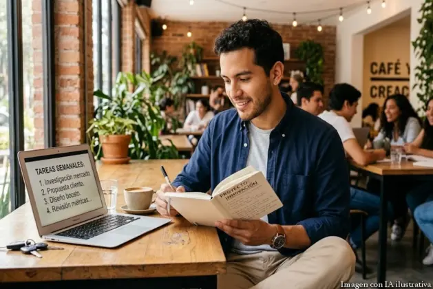 Joven profesionista sentado en una cafetería, reflexionando sobre cómo elegir una maestría mientras revisa su laptop y una taza de café, ambiente realista y relajado