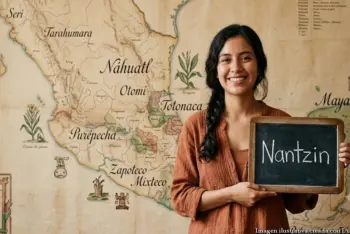 Mujer joven sosteniendo un cartel con la palabra 'Nantzin' mientras señala un mapa de México con nombres de lenguas indígenas, representando la diversidad de 'mamá en lenguas indígenas'.