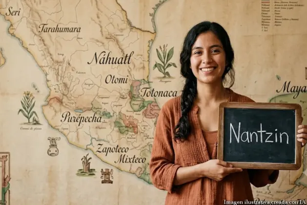 Mujer joven sosteniendo un cartel con la palabra 'Nantzin' mientras señala un mapa de México con nombres de lenguas indígenas, representando la diversidad de 'mamá en lenguas indígenas'.