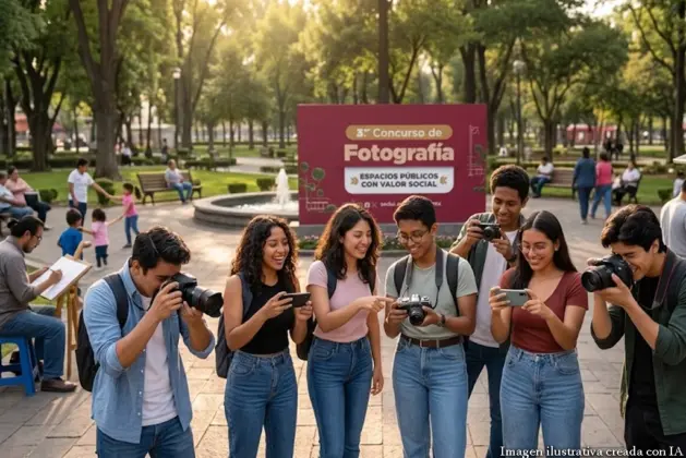 Grupo de jóvenes participando en un concurso de fotografía al aire libre, capturando imágenes de un parque público con sus cámaras y teléfonos móviles