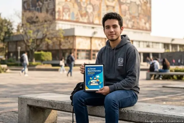 Estudiante joven, sonriente, sentado en una banca del campus de Ciudad Universitaria, leyendo con atención un eLibros Bachillerato UNAM en su tableta. Al fondo se aprecia la Biblioteca Central con sus murales.