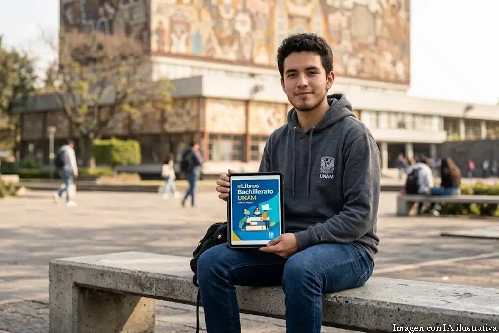 Estudiante joven, sonriente, sentado en una banca del campus de Ciudad Universitaria, leyendo con atención un eLibros Bachillerato UNAM en su tableta. Al fondo se aprecia la Biblioteca Central con sus murales.