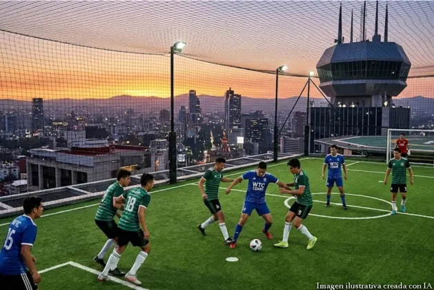 Vista aérea de la cancha de fútbol en el WTC con jugadores corriendo y el paisaje de la CDMX de fondo.