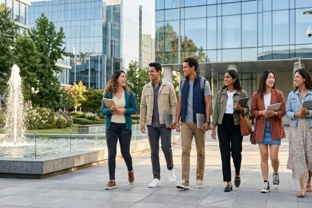 Grupo de jóvenes estudiantes caminando por el campus de una de las universidades más caras de México, con edificios modernos y áreas verdes soleadas.