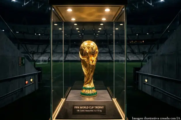 Primer plano realista de la Copa del Mundo original de oro y malaquita dentro de una vitrina de seguridad, con un fondo de estadio vacío y reflectores; representando los datos curiosos de la copa mundial sobre el trofeo que el campeón no puede conservar.