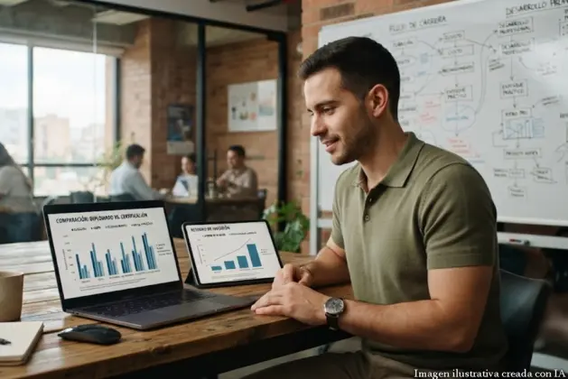 Imagen realista de un joven profesional comparando opciones de estudio en su laptop y una tableta, decidiendo entre diplomado vs certificación online